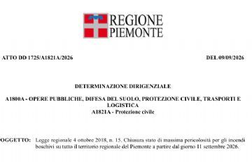 Chiusura stato di massima pericolosità per gli incendi boschivi su tutto il territorio regionale del Piemonte